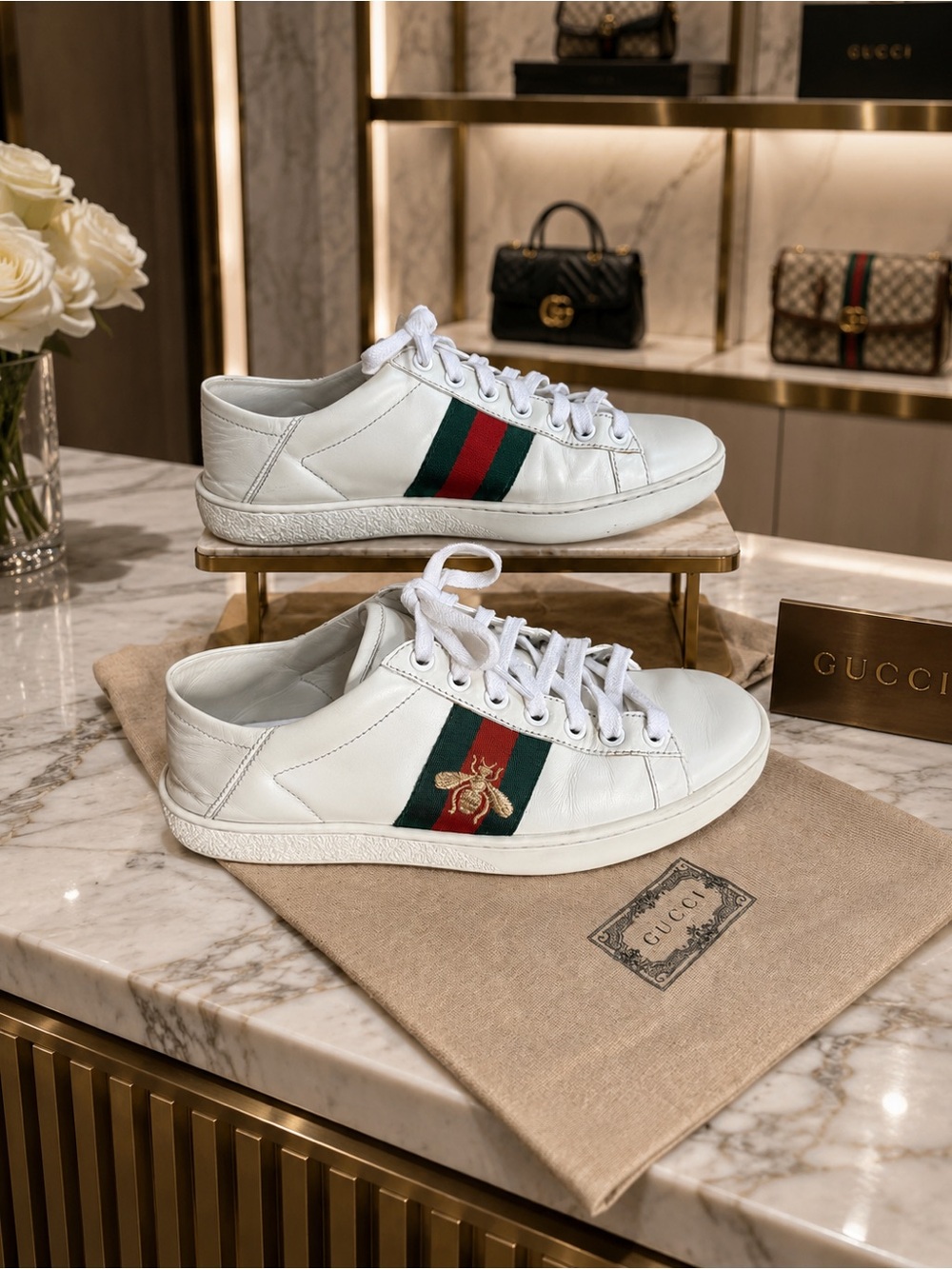 Authenticated Gucci Ace Bee White Leather Sneakers! 36 (EU) 6 / 6.5 (US) COA!